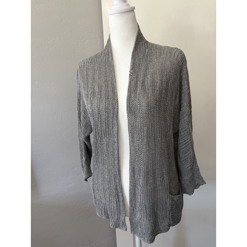 Eileen Fisher Silk Linen Blend Gray Open Front Cardigan Sweater M Coastal FLAW